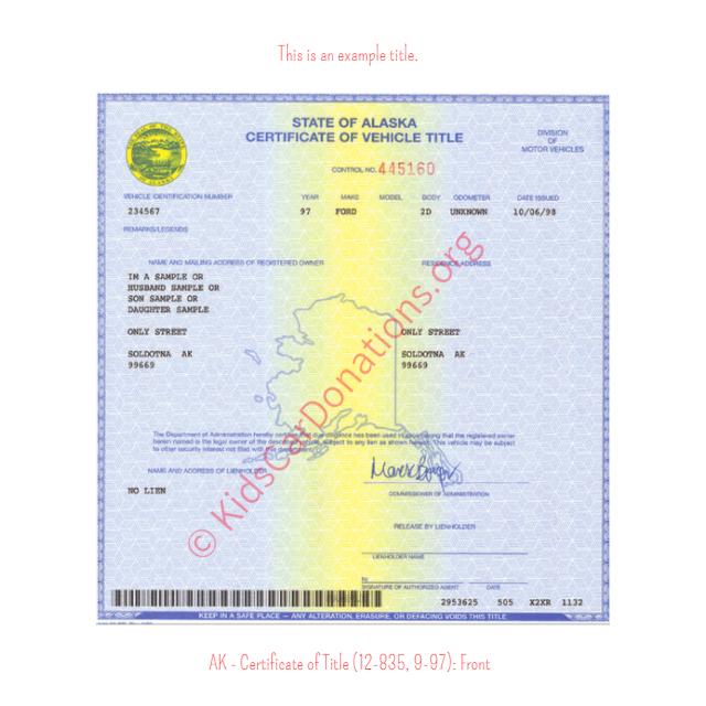 Alaska Certificate of Title (12-835, 9-97): Front | Kids Car Donations
